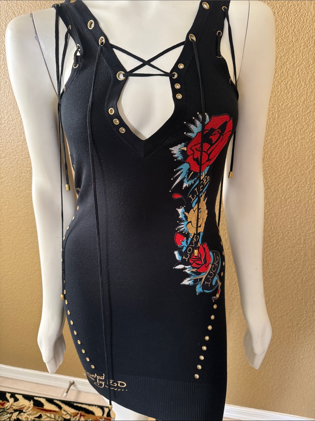 Ed Hardy Black Lace-Up Mini Dress With Red And Blue Rose Graphic